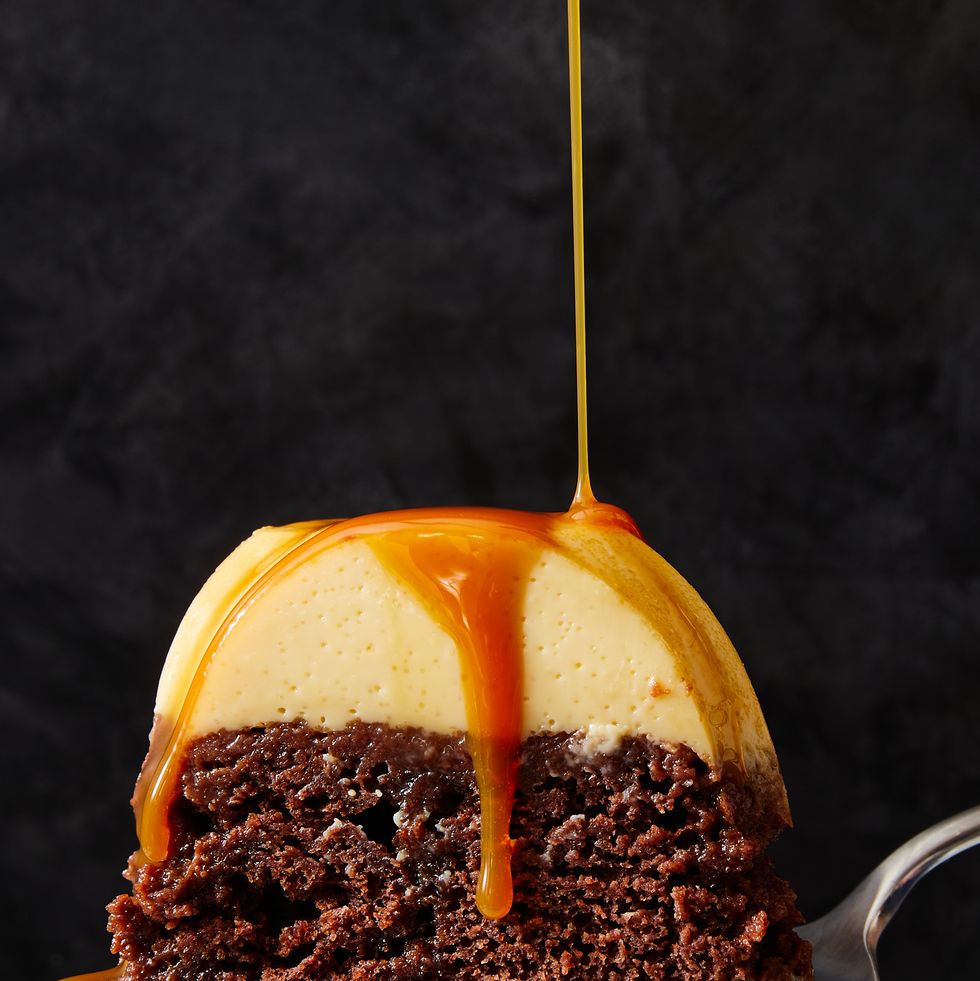 chocoflan with chocolate cake on the bottom and flan on top