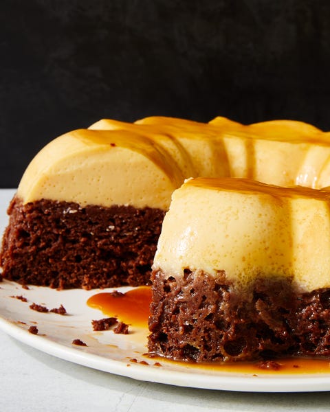 chocoflan with chocolate cake on the bottom and flan on top