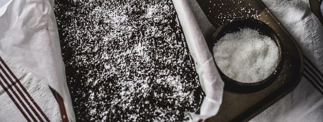 Chocolate and Coconut Energy Slice, ready for slicing.