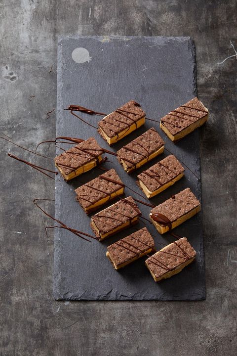 rectangular chocolate and pumpkin ice cream bar sandwiches with chocolate drizzled on top