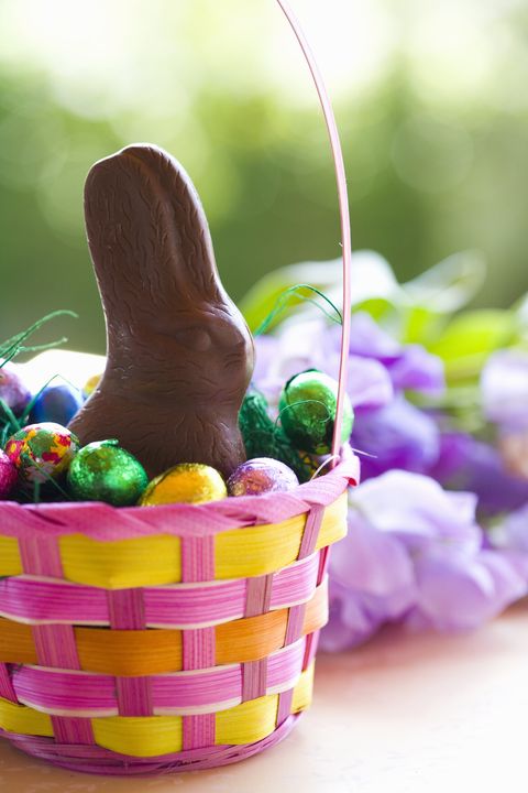 chocolate bunny and chocolate eggs in easter basket