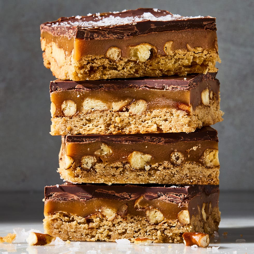 dessert bars with pretzels, coffee flavor, caramel, and chocolate