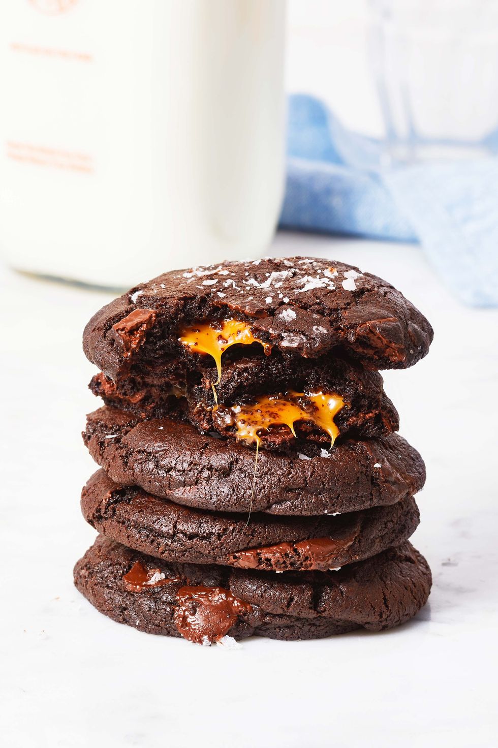 chocolate cookies with a caramel center and salt sprinkled on top
