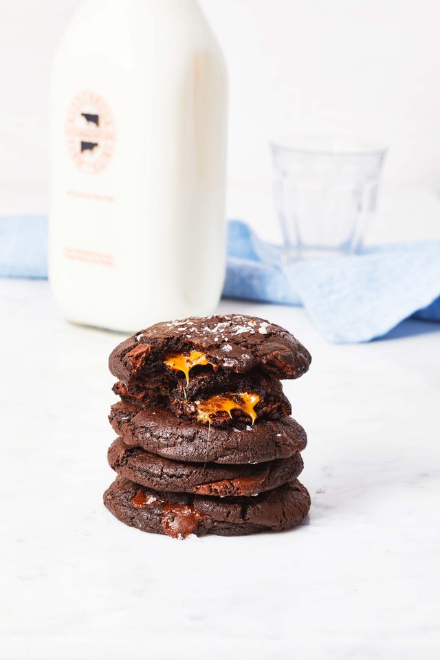 chocolate cookies with a caramel center and salt sprinkled on top