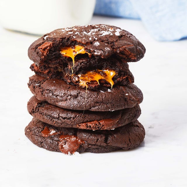 chocolate caramel cookies chocolate cookies with a caramel center and salt sprinkled on top