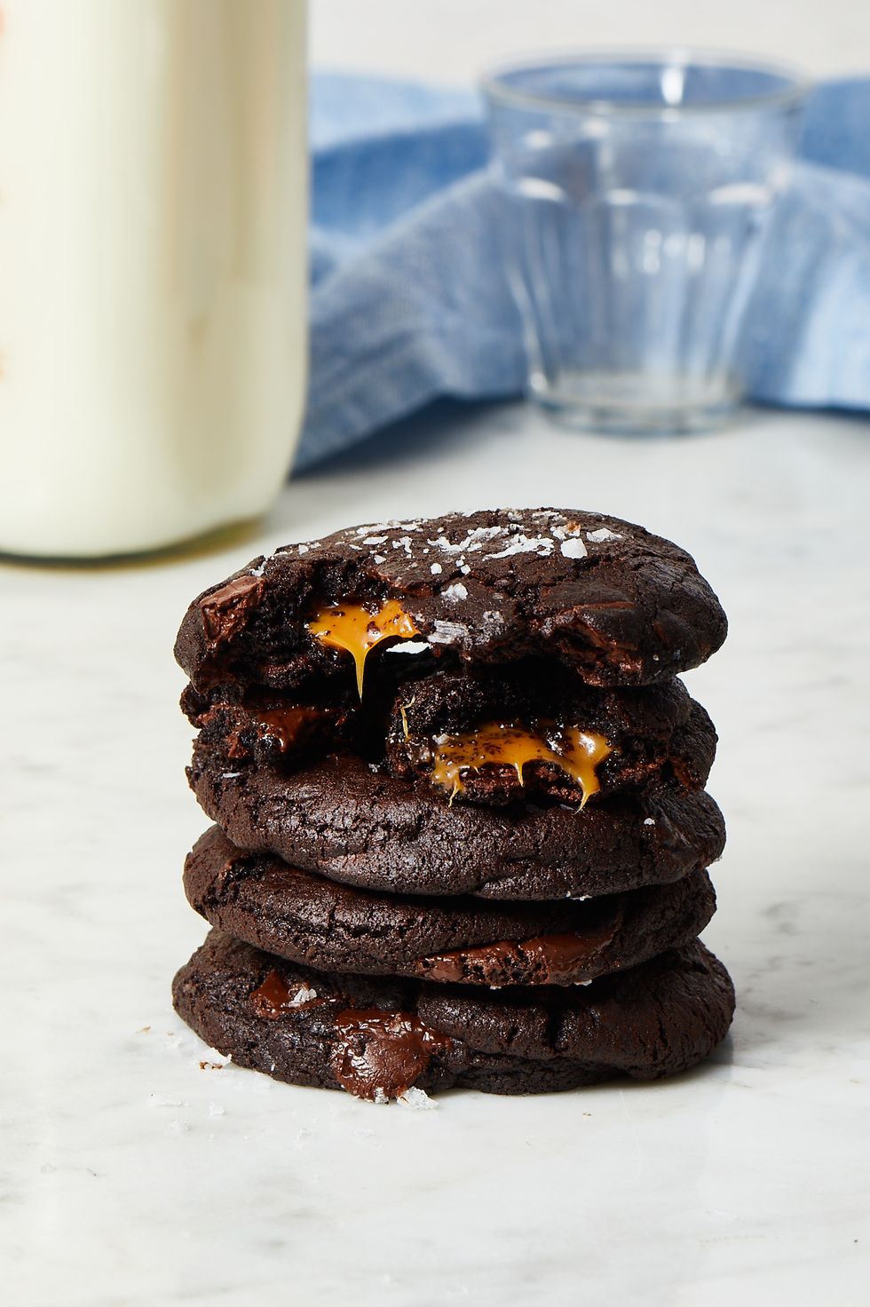 chocolate caramel cookies on a marble surface