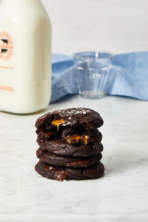 a stack of chocolate caramel cookies
