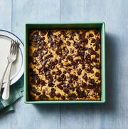 Chocolate Chip Blondies chocolate chip blondies in a green baking dish