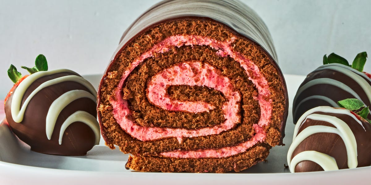 preview for Our Chocolate-Covered Strawberry Swiss Roll Cake Is Your Favorite Desserts Rolled Into One