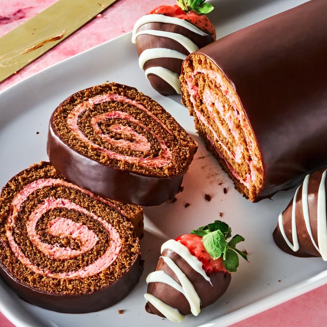 chocolate covered strawberry swiss roll cake