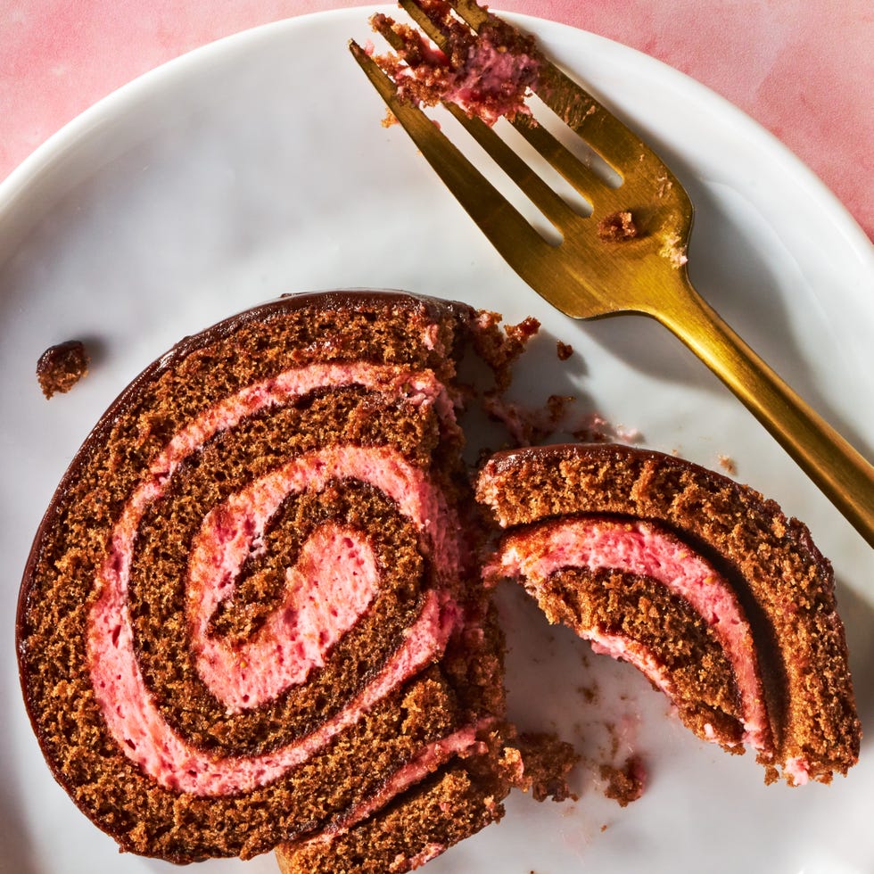 chocolate covered swill roll with a strawberry swirl