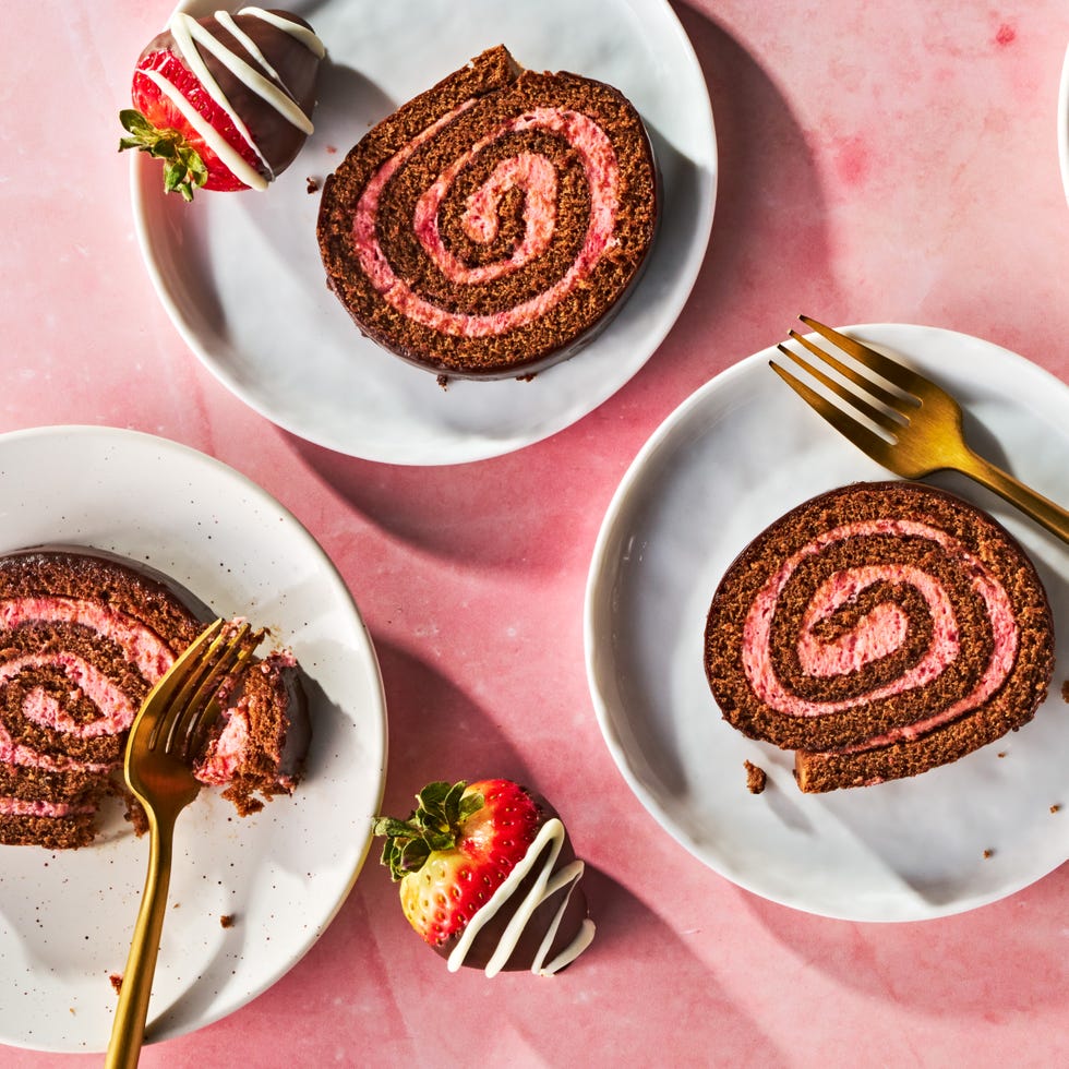 chocolate covered swill roll with a strawberry swirl