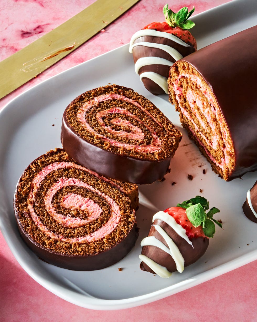chocolate covered swill roll with a strawberry swirl