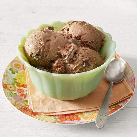 chocolate mint ice cream in green bowl