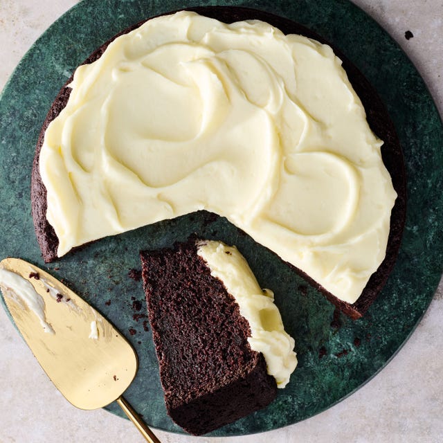 chocolate guinness cake topped with cream cheese frosting