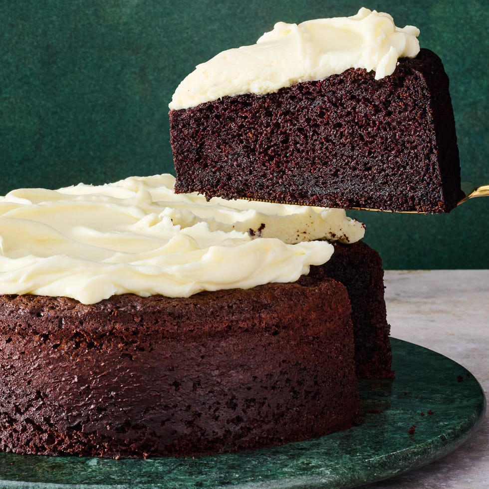 chocolate guinness cake topped with cream cheese frosting