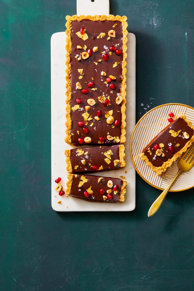 chocolate, hazelnut and caramel tart