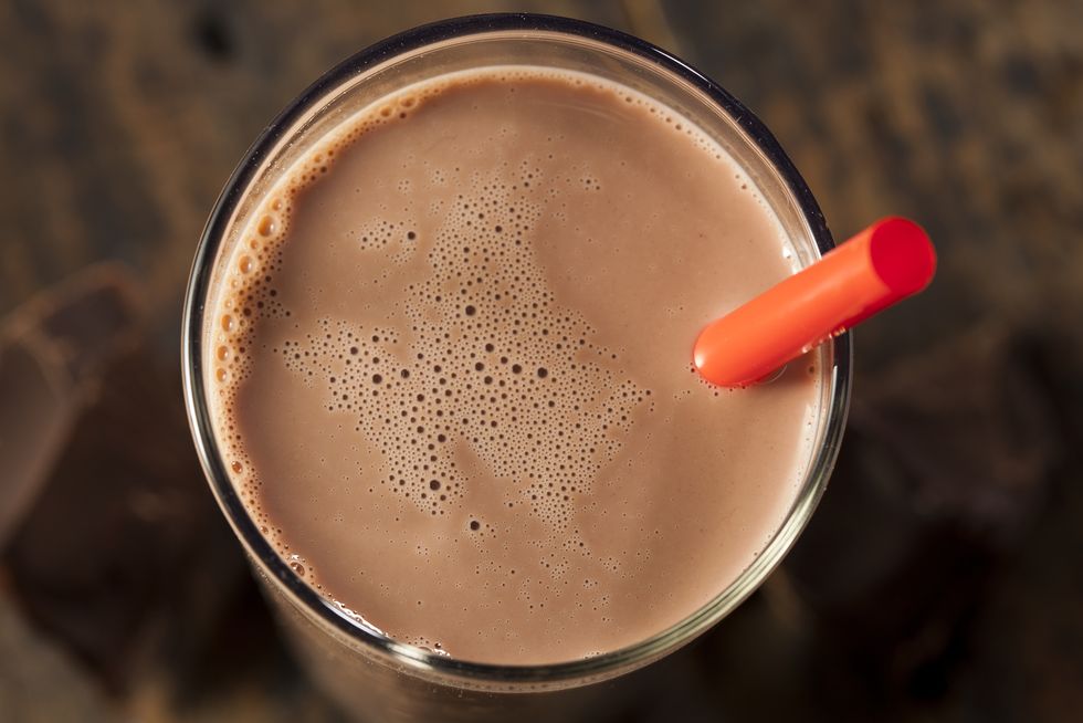 Chocolate milk on a glass with red straw