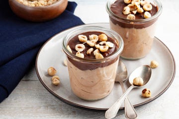 chocolate mousse, overnight oats, coconu milk and hazelnut pudding, parfait, chocolate creme dessert in a glass