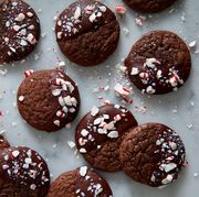 chocolate peppermint cookies half covered in chocolate with crushed peppermint candies