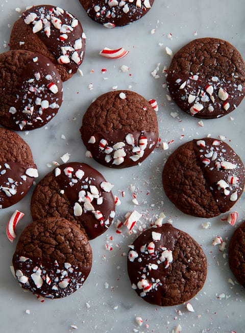 Chocolate Peppermint Crunch Cookies chocolate peppermint cookies half covered in chocolate with crushed peppermint candies