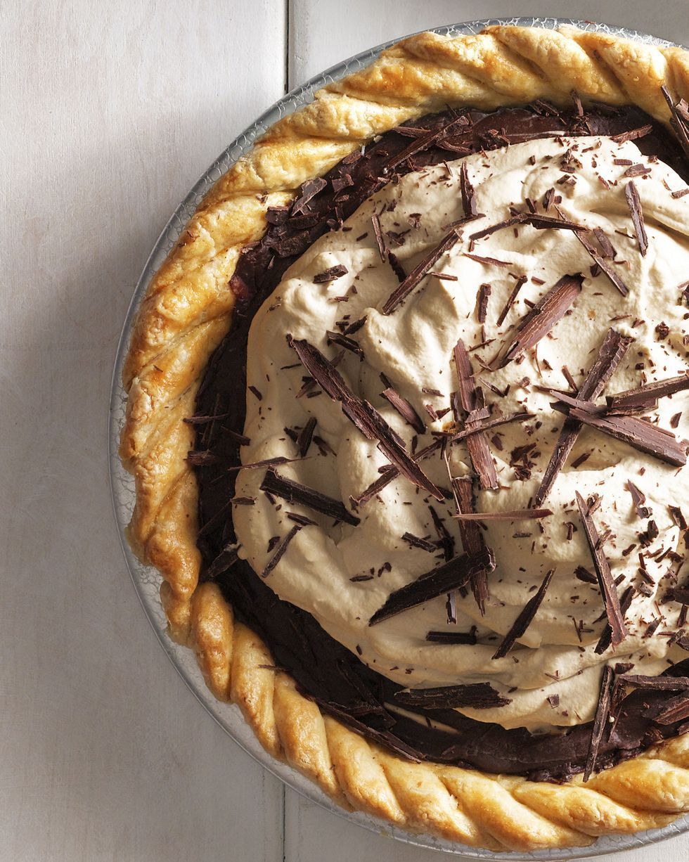 chocolate espresso pie with whipped cream and shaved chocolate on top