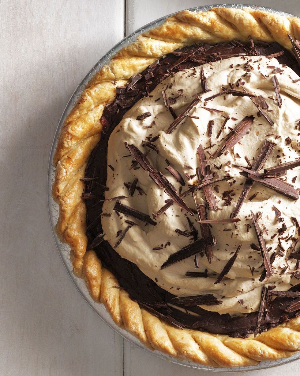 chocolate espresso pie with whipped cream and shaved chocolate on top
