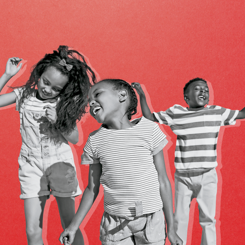 children jumping and laughing looking excited on red background