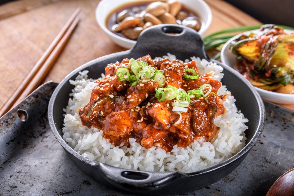 Chopped Pork Meat Cooked with Red Chili Paste, Gochujang Sauce, over Rice