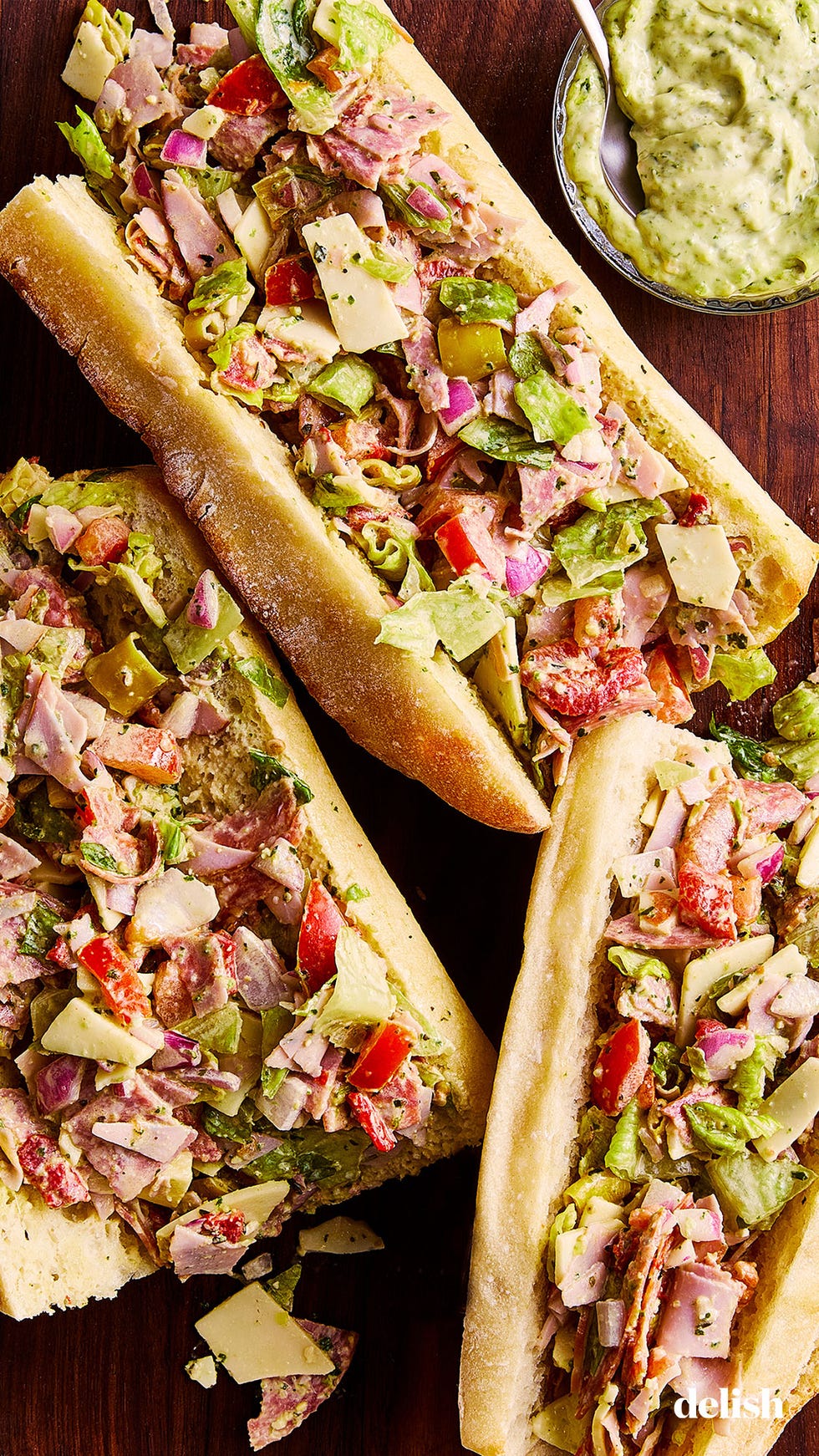 black forest ham, genoa salami, hot soppressata, and provolone cheese, chopped with classic italian sandwich veggies and pesto mayo on a toasted ciabatta roll