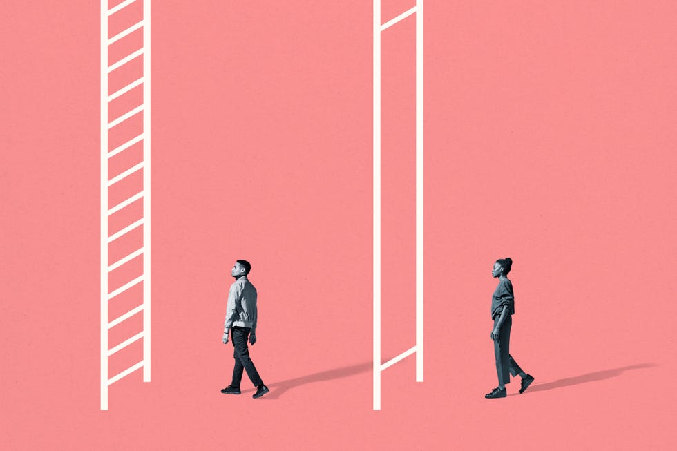 full length side view of young man and woman walking towards white ladders against coral background