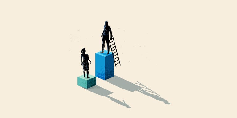 a man and women seperated by height gender issues in business including equal rights and pay gaps conceptual vecor illustration