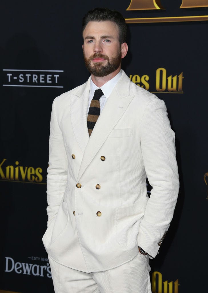 Chris Evans attends the premiere of 'Lionsgate: Knives Out' at Regency Village Theater in Westwood, California on November 14, 2019. Photo by John Kopalov Getty Images;