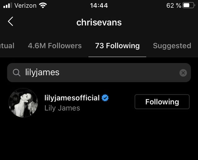 chris evans following lily james on his instagram account