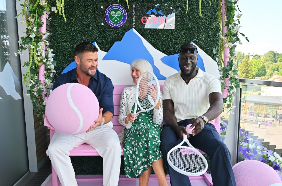 london, england july 13: (l to r) chris hemsworth, dame helen mirren and stormzy attend the evian 'mountain of youth' vip suite during day 14 of wimbledon 2025 on july 13, 2025 in london, england.photo by dave benett