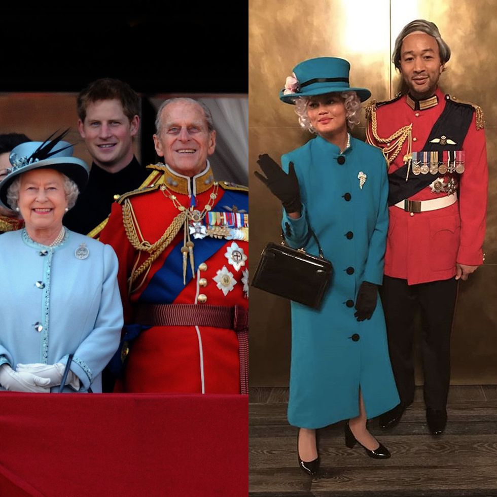 the queen, dressed in blue coat and hat with prince philip on the balcony of buckingham palace sliced with chrissy teigen adn john legend dressed at them both