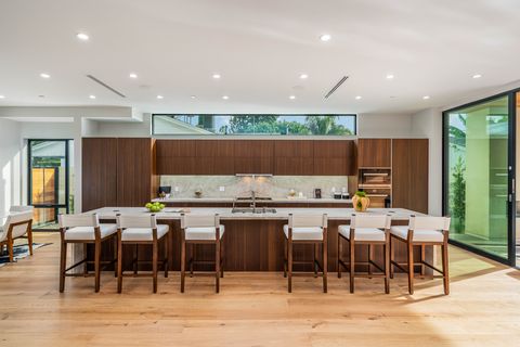 kitchen with long marble island