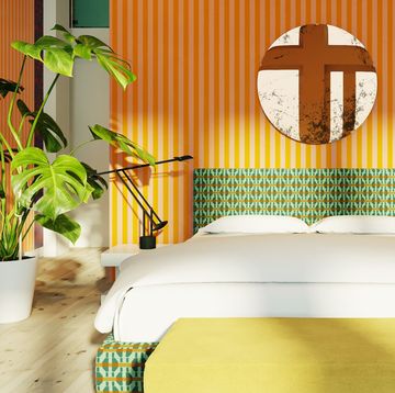 Green, Room, Yellow, Interior design, Furniture, Bedroom, Wall, Bed, Design, Bed frame, 