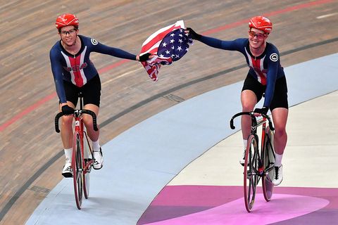 birch and teammate kim geist after winning the womens madison finals at the 2019 panamerican games