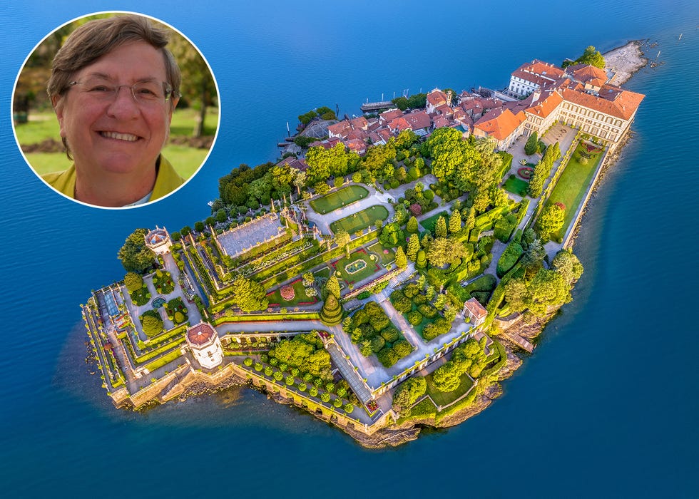 dawn light over the baroque style gardens of palazzo borromeo borromeo palace on isola bella lit 'beautiful island', one of the borromean islands in lake maggiore, in verbano cusio ossola province, piedmont region, northwestern italy