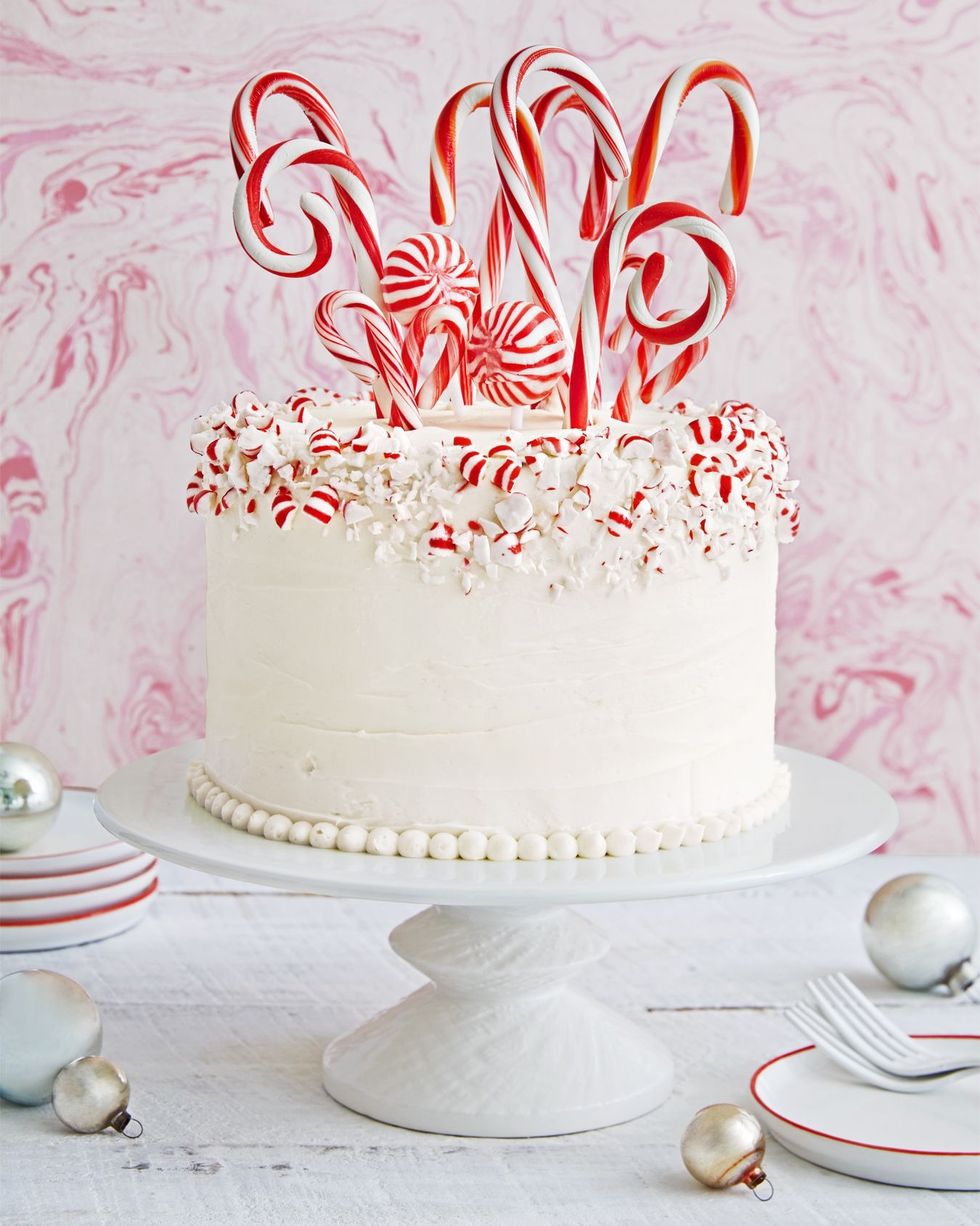 white layer cake with crushed peppermints around the top edge and various sized candy canes stuck into the top to create a candy cane forest