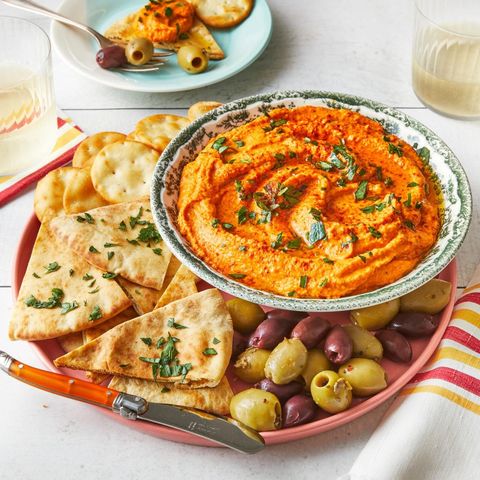 christmas appetizers roasted red pepper hummus with pita and olives