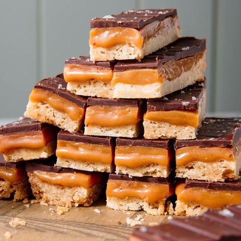 shortbread cookie bars with a layer of chocolate and caramel