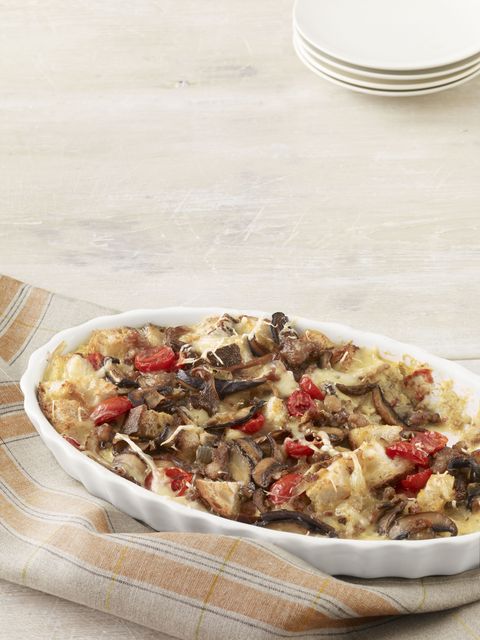 breakfast casserole with turkey sausage, mushrooms, and tomatoes