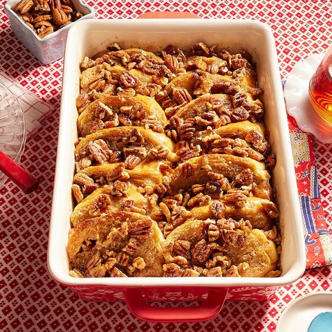 pecan pie french toast casserole in red pan
