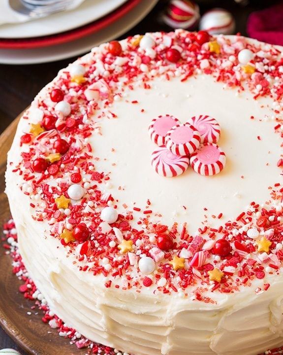 chocolate peppermint cake covered in peppermint frosting and garnished with festive red and white sprinkles and crushed peppermint pieces