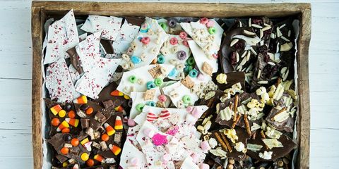 chocolate bark white and dark with cereal and pretzels