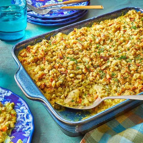 chicken and stuffing casserole in blue baking dish