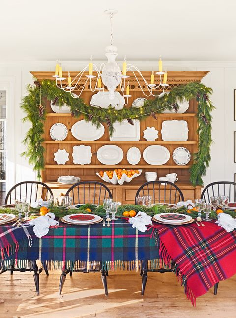 Dining room, Room, Table, Furniture, Branch, Christmas decoration, Design, Interior design, Pattern, Home, 