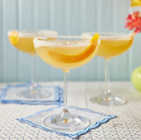 sidecar cocktail on white and blue linen napkin